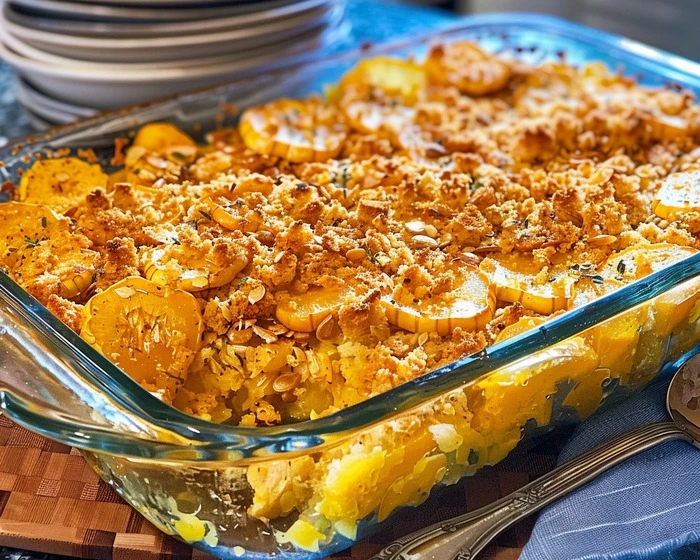 Easy Squash Casserole in the kitchen table