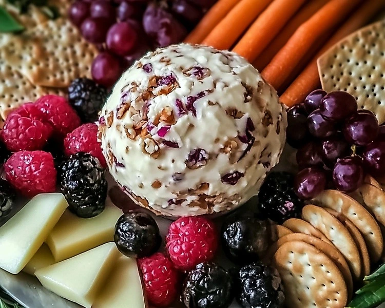  A beautifully styled serving platter featuring the Cranberry Pecan Cream Cheese Ball surrounded by an assortment of colorful crackers, fresh fruits, and vegetable sticks..webp