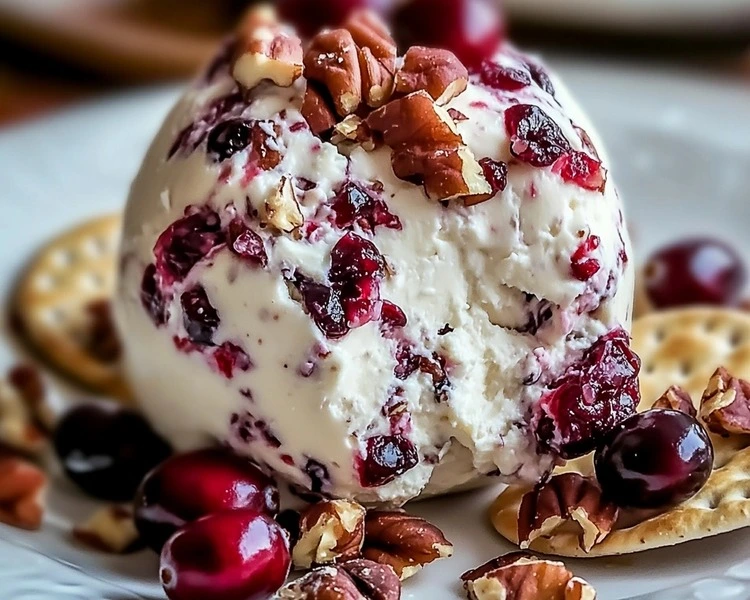 Cranberry Pecan Cream Cheese Ball being sliced or spread onto a cracker, showcasing the creamy texture and bits of cranberries and pecans.