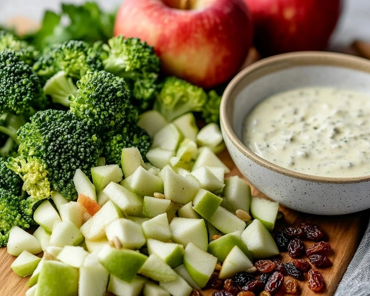 diced Honeycrisp apples, freshly cut broccoli florets, raisins, sunflower seeds, and a bowl of creamy dressing