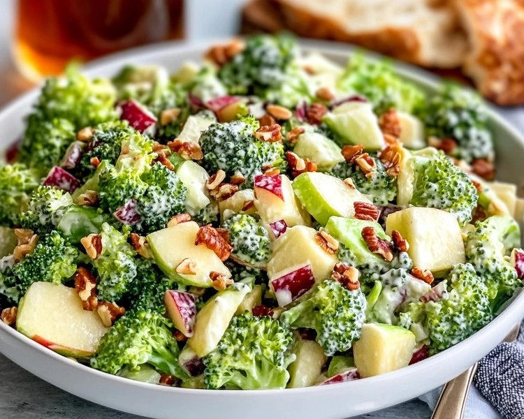 Beautifully plated Apple Honeycrisp broccoli salad served on a white plate with a fork on the side.