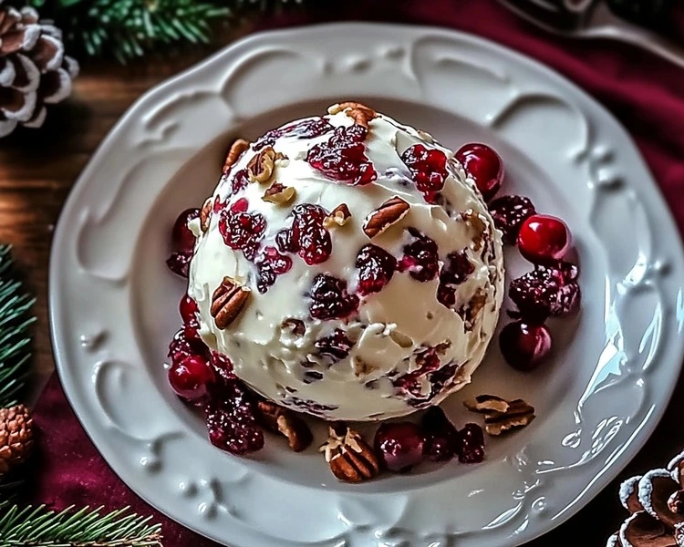 festive holiday table setting featuring the Cranberry Pecan Cream Cheese Ball as the centerpiece, surrounded by seasonal decorations like pinecones and holly.webp