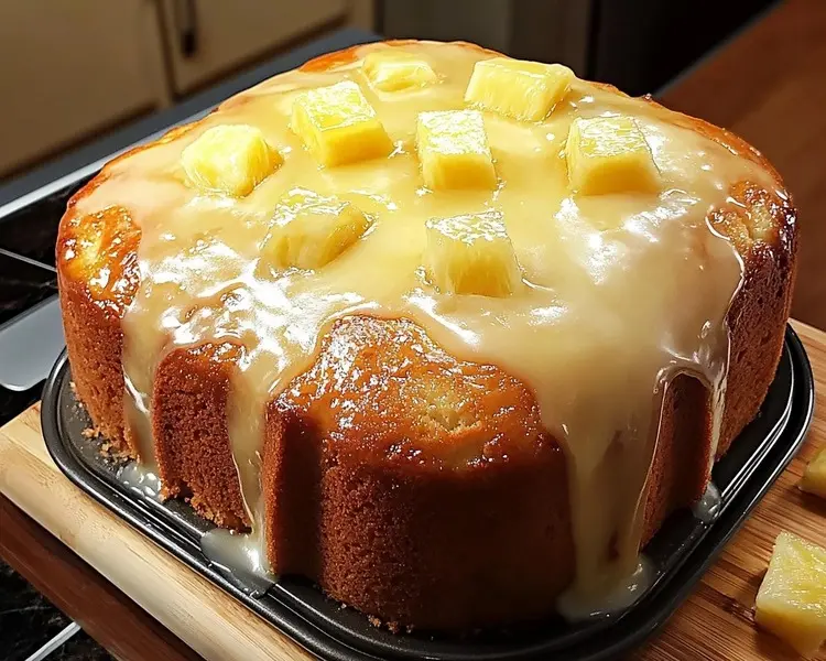 A whole Pineapple Cream Cheese Pound Cake in a bundt shape