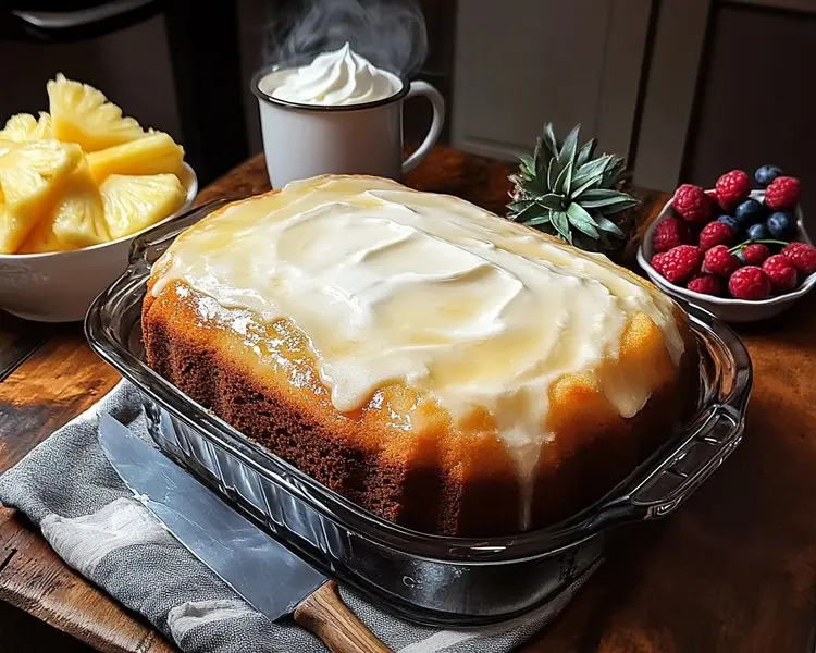 The Pineapple Cream Cheese Pound Cake on a rustic table