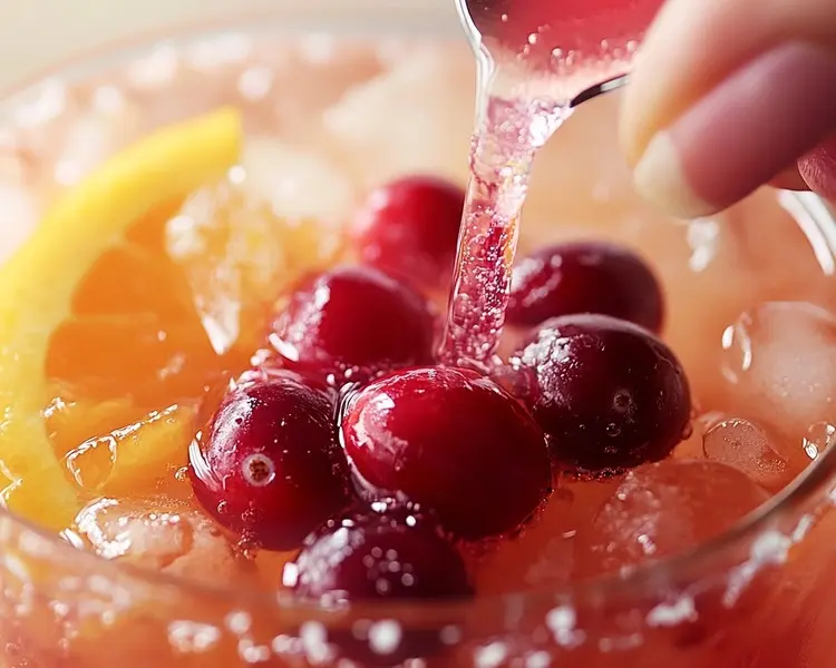 A close-up shot of ginger simple syrup being poured into the glass, followed by a swirl of cranberry and orange juice