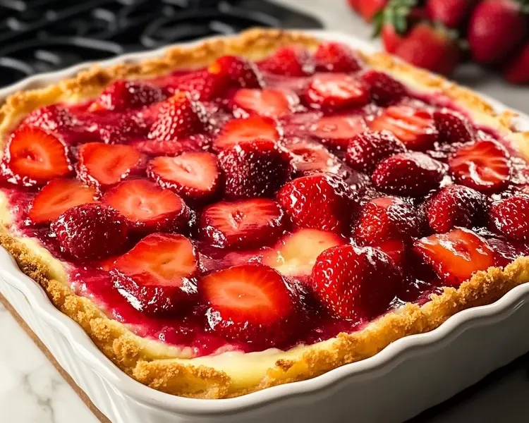 A mouthwatering Cheesecake dump cake with strawberries