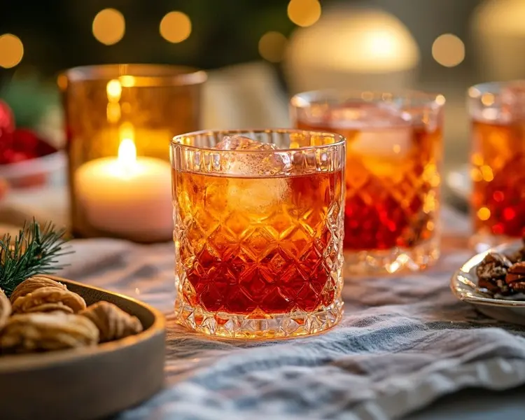 A table setting with multiple glasses of the mocktail, arranged on a cozy holiday-themed tablecloth