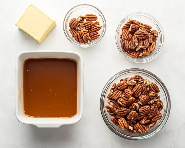 A top-down view of the key ingredients neatly arranged for pecan dump cake