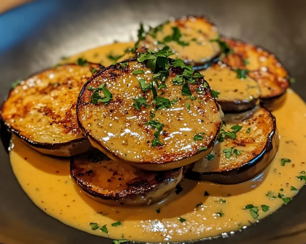 Crispy Eggplant Francaise Plated with Lemon-Butter Sauce