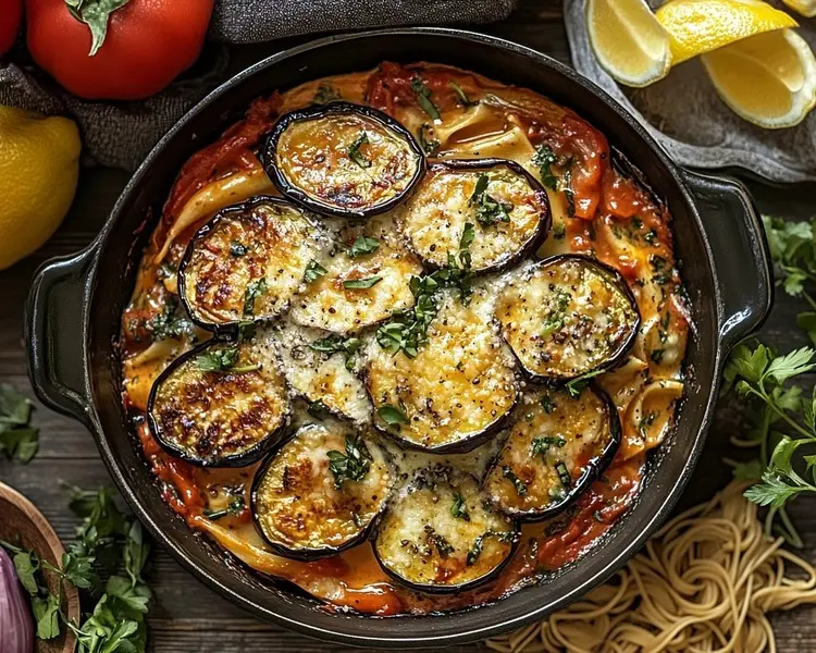 Family-Style Eggplant Francaise on a Serving Dish