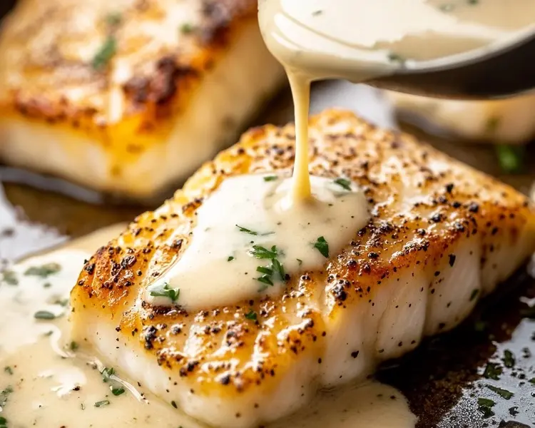 Herb Butter Sauce Drizzling Over Cod