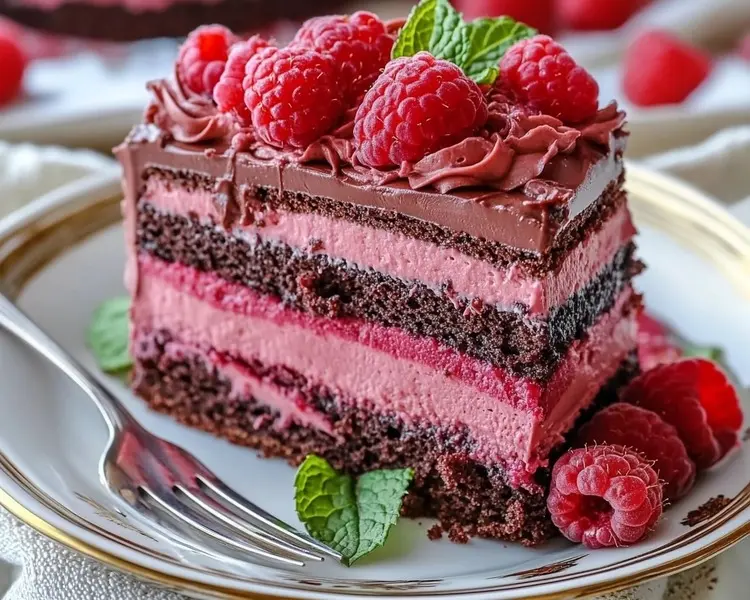 Slice of Cake on a Plate with Fresh Raspberries