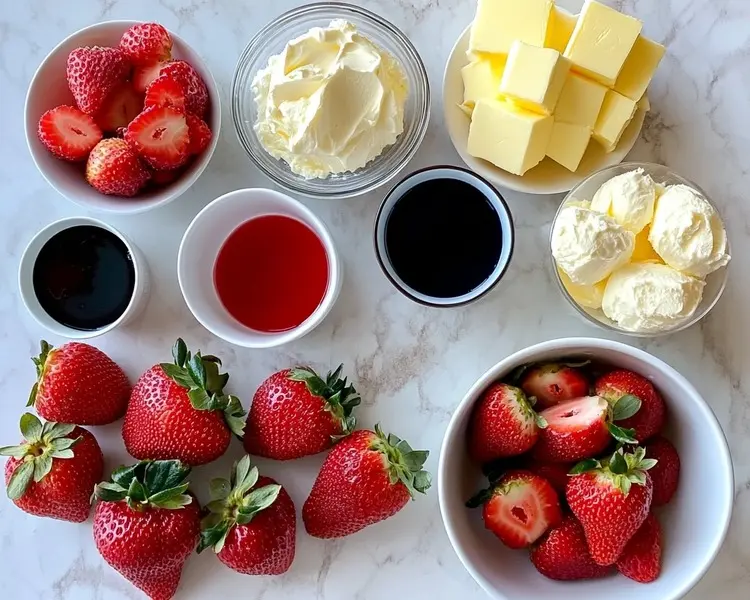 all the ingredients laid out neatly fresh strawberries, cream cheese, yellow cake mix, butter, sugar, and vanilla extract