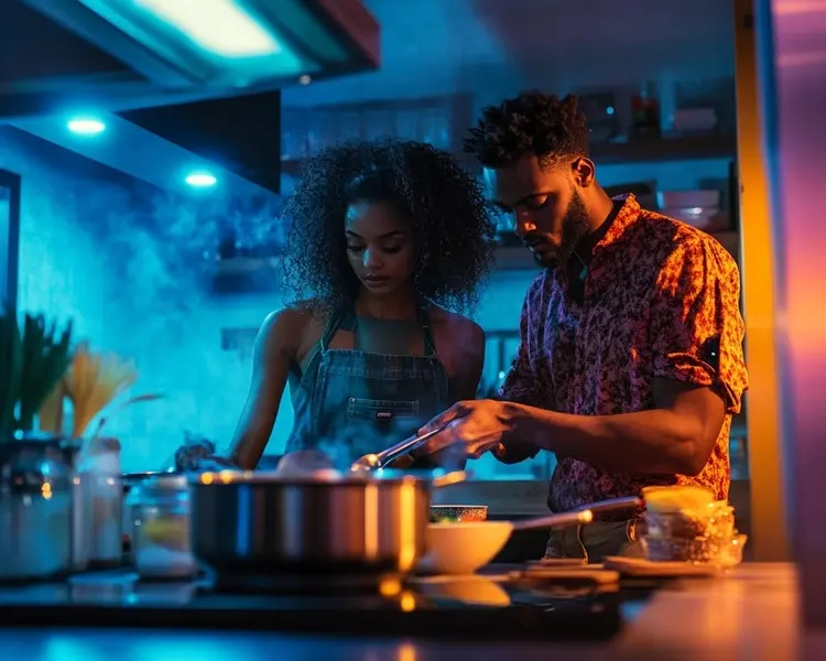 couple cooking together in a cozy kitchen