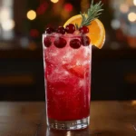 tall glass filled with the Sparkling Cranberry Mocktail with Ginger & Orange