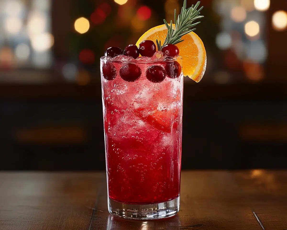 tall glass filled with the Sparkling Cranberry Mocktail with Ginger & Orange