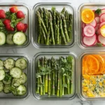 Colorful spring recipes arranged in meal prep containers with fresh seasonal ingredients